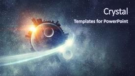  Presentation with rocket - Beautiful slide deck featuring sputnik - rocket flying in space mixed backdrop and a tawny brown colored foreground