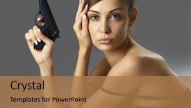 Presentation with woman hands raised to sky - Beautiful presentation featuring spy - attractive young woman with handgun backdrop and a coral colored foreground