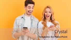  Presentation with cell phones - PPT theme with spy - image of funny young couple background and a coral colored foreground