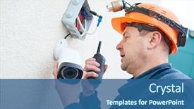  Presentation with video surveillance - Presentation theme consisting of spy - technician worker installing video surveillance background and a ocean colored foreground
