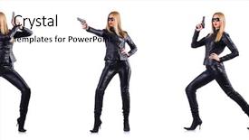  Presentation with leather - Audience pleasing slide set consisting of spy - woman in leather costume backdrop and a light gray colored foreground