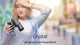  Presentation with skin anatomy face and head - Beautiful presentation featuring spy - young caucasian woman holding binoculars backdrop and a light blue colored foreground