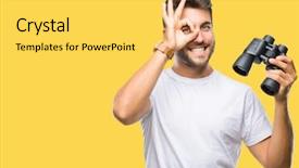  Presentation with eye - Slide deck enhanced with spy - young handsome man looking background and a yellow colored foreground