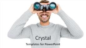  Presentation with binocular - Presentation design featuring spy - young man looking through binocular background and a light gray colored foreground