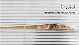  Presentation with young - Slide set featuring spy - young woman looking through venetian background and a light gray colored foreground