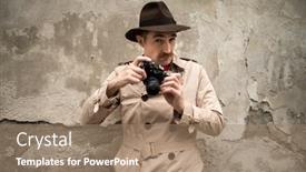  Presentation with spy man - Beautiful PPT layouts featuring spy-or-paparazzo-photographer-man backdrop and a coral colored foreground