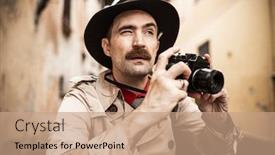  Presentation with spy man - Audience pleasing PPT layouts consisting of spy-or-paparazzo-photographer-man backdrop and a coral colored foreground