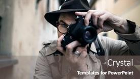  Presentation with spy man - Presentation theme with spy-or-paparazzo-photographer-man background and a gray colored foreground