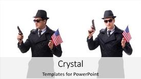  Presentation with spy man - Presentation theme with spy with handgun and usa background and a white colored foreground