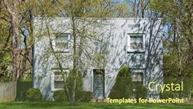  Presentation with square - Colorful slide set enhanced with square-block-house-in-blue backdrop and a tawny brown colored foreground