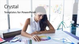  Presentation with female office graphics - Beautiful slide deck featuring square compass - female architect working on blueprint backdrop and a  colored foreground