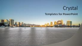  Presentation with square - Amazing slide set having square floor with skyline background backdrop and a light blue colored foreground