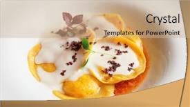  Presentation with gold award plaque or plate - Slide deck consisting of square round - ravioli with polenta in plate background and a  colored foreground