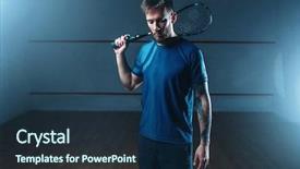  Presentation with squash sport racket - Slide deck consisting of squash player with racket indoor background and a navy blue colored foreground