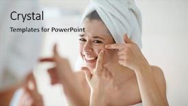  Presentation with mirror - Slides with squeeze - displeased young woman squeezing pimples background and a light gray colored foreground