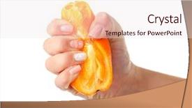  Presentation with orange peel isolated - Theme with squeeze - female hand squeezing orange isolated background and a sky blue colored foreground
