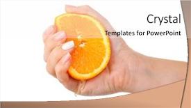  Presentation with waiter hand in white glove - PPT theme consisting of squeeze - female hand squeezing orange isolated background and a pink colored foreground