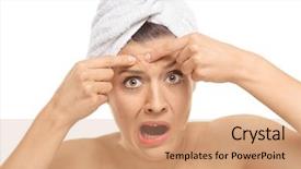  Presentation with young - Slides having squeeze - shocked young woman squeezing background and a coral colored foreground