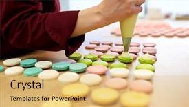  Presentation with pastry cream - Amazing PPT layouts having squeezing cream filling to macarons backdrop and a yellow colored foreground