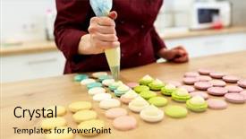  Presentation with pastry chef - Colorful presentation design enhanced with squeezing cream filling to macarons backdrop and a blonde colored foreground