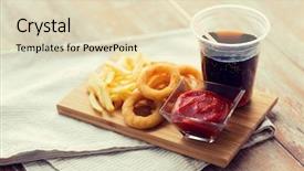  Presentation with container fast food packaging - Beautiful PPT theme featuring squid rings french fries cola backdrop and a soft green colored foreground