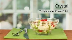  Presentation with salad - Slide deck consisting of squid salad with vegetables in a glass bowl on wooden table close-up background and a light gray colored foreground