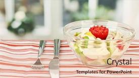  Presentation with tablecloth - Colorful theme enhanced with squid salad with vegetables in a glass bowl on striped tablecloth close-up backdrop and a lemonade colored foreground