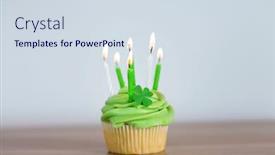 Presentation with birthday celebration - Slides featuring st patricks day birthday holidays and celebration concept - green cupcake with six burning candles on table background and a sky blue colored foreground