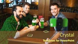  Presentation with green technology - Presentation theme with st patricks day leisure and technology concept - happy male friends drinking green beer and taking picture with smartphone selfie stick at bar or pub background and a tawny brown colored foreground