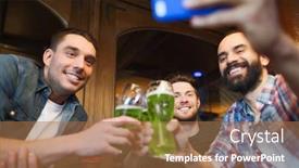  Presentation with green technology - Beautiful slide set featuring st patricks day leisure and technology concept - happy male friends drinking green beer and taking selfie with smartphone at bar or pub backdrop and a coral colored foreground
