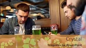  Presentation with green technology - Slide set enhanced with st patricks day technology and leisure concept - male friends drinking green beer and messaging on smarphones at bar or pub background and a gold colored foreground