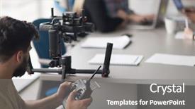  Presentation with videographer - Slide set with stabilisation - young videographer with gimball video background and a gray colored foreground