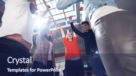  Presentation with group of students raising hands - PPT theme having stack and get in circle background and a  colored foreground