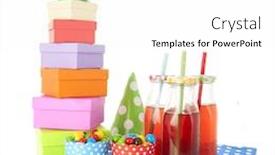  Presentation with birthday party - PPT theme with stack birthday gifts and candy with party hats background and a white colored foreground