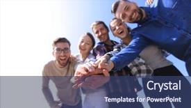  Presentation with college student money - Colorful PPT layouts enhanced with college students teamwork stacking hand backdrop and a ocean colored foreground