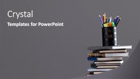  Presentation with tan book stack stacks of books - Presentation theme with stack-of-books-and-notebooks background and a  colored foreground