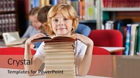  Presentation with classmates - Beautiful slide set featuring stack of books in library backdrop and a  colored foreground