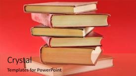  Presentation with tan book stack stacks of books - Slide deck consisting of stack of books on red background and a coral colored foreground