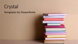  Presentation with tan book stack stacks of books - Slide set enhanced with stack of books on shelf background and a coral colored foreground