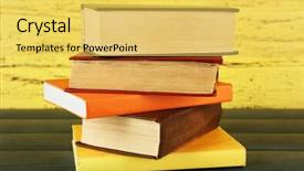  Presentation with stack books - PPT theme consisting of stack of books on wooden background and a  colored foreground