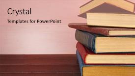  Presentation with tan book stack stacks of books - Presentation theme featuring stack of books on wooden background and a coral colored foreground