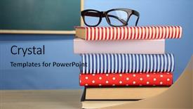  Presentation with tan book stack stacks of books - Colorful PPT layouts enhanced with stack of books with glasses backdrop and a teal colored foreground