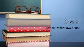  Presentation with tan book stack stacks of books - PPT layouts with stack of books with glasses background and a light blue colored foreground