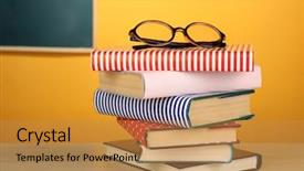  Presentation with stack books - Presentation consisting of stack of books with glasses background and a gold colored foreground
