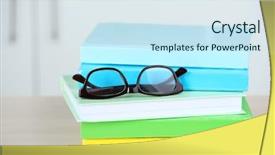  Presentation with tan book stack stacks of books - PPT layouts with stack of books with glasses background and a sky blue colored foreground