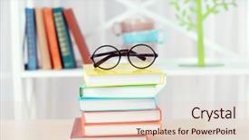  Presentation with tan book stack stacks of books - PPT layouts having stack of books with glasses background and a lemonade colored foreground