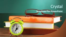  Presentation with green chalkboard - Beautiful PPT layouts featuring stack of books with glasses and alarm clock on desk on green chalkboard background backdrop and a ocean colored foreground