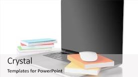  Presentation with stack books - Slide deck having stack of books with laptop background and a light gray colored foreground