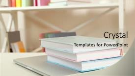  Presentation with tan book stack stacks of books - Slide deck having stack of books with laptop background and a coral colored foreground