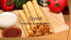  Presentation with hot sauce - Theme consisting of stack of chicken taquitos background and a yellow colored foreground